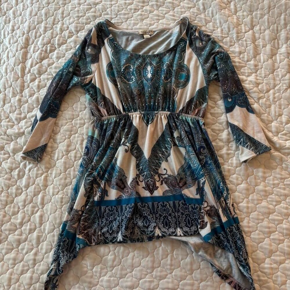 One World Women's Y2K 3/4 Sleeve Boho Tunic Top Blouse Size M Boho Festival